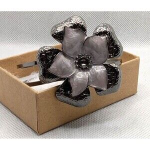 Lavender Enamel Floral Hinged Gunmetal Cuff Bracelet w/ Faux Pearl